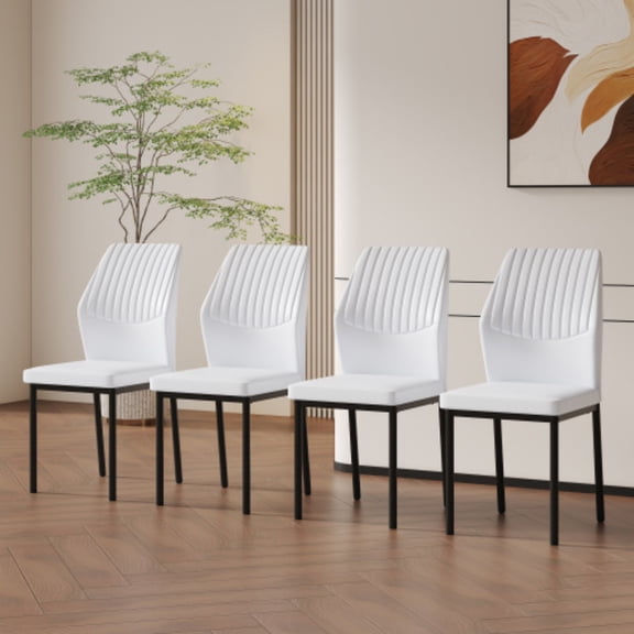 SUDICA Modern Dining Chairs Set of 4, White PU Leather Kitchen Chairs with Black Metal Legs, Vertical Striped Backrest Chairs for Living Room, Office, Conference Room