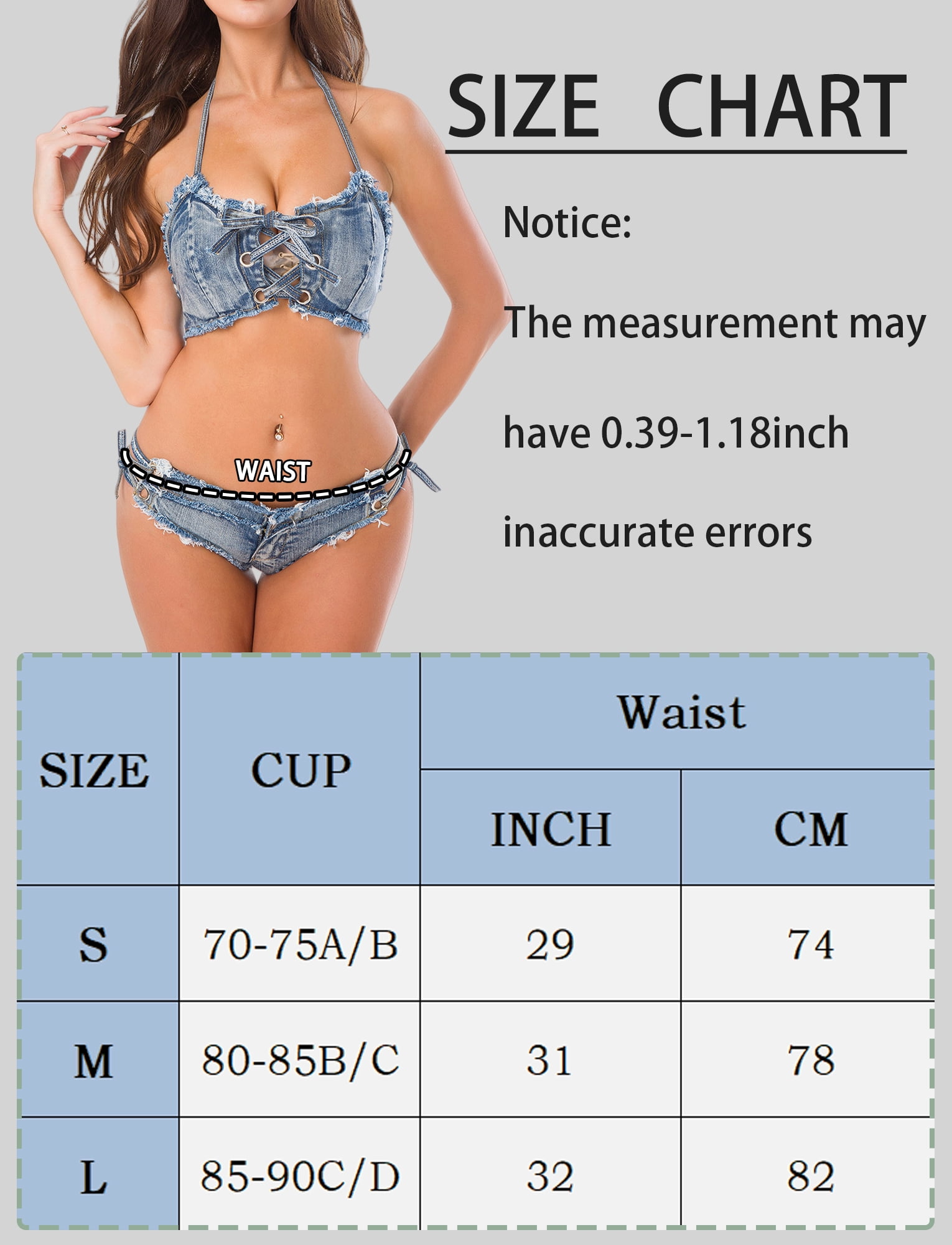 Ausing Womens Bikini Denim Lingerie Set Strappy Bra and Hot Shorts Adjustable Halter Neck Pool Party Nightclub Blue S