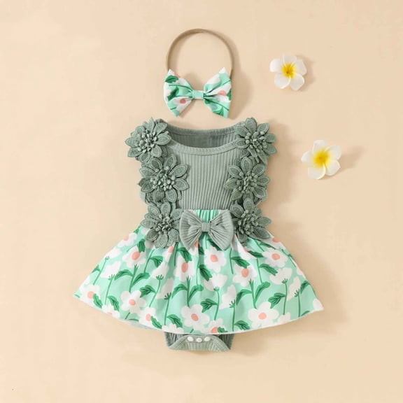 Umbreon Green Baby Girl Clothes Trendyborn Dresses Summer Ruffe Sleeves Bodysuit Lace Butterflies Cute Romper Outfits Headband 0-12 Months
