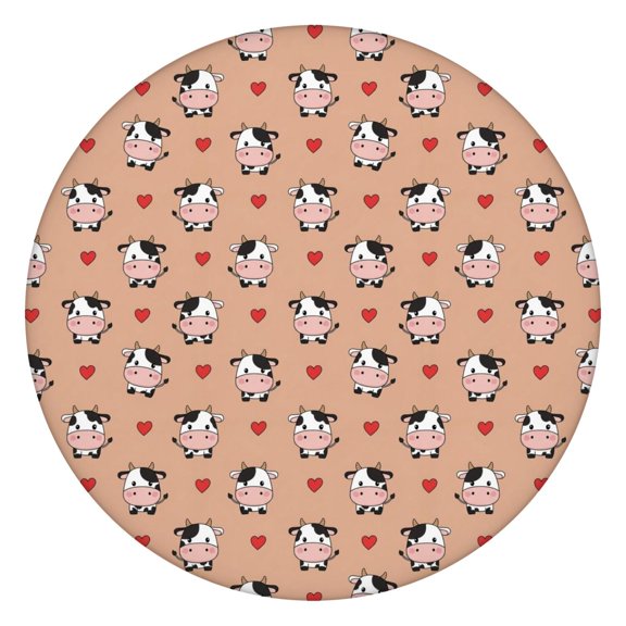 Beige Cow Heart Pattern Round Fitted Tablecloth with Elastic Edge,Dining Table Cover Waterproof,Outdoor Round Tablecloth for Camping,Dining,Indoor and Outdoor