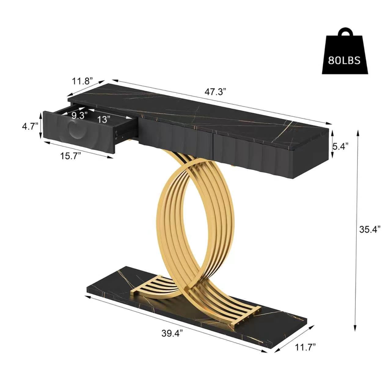 Aukfa 47.3" Console Table with 3 Drawers, Modern Narrow Sofa Table with Sculptural Metal Base for Entryway Hallway & Living Room,Black