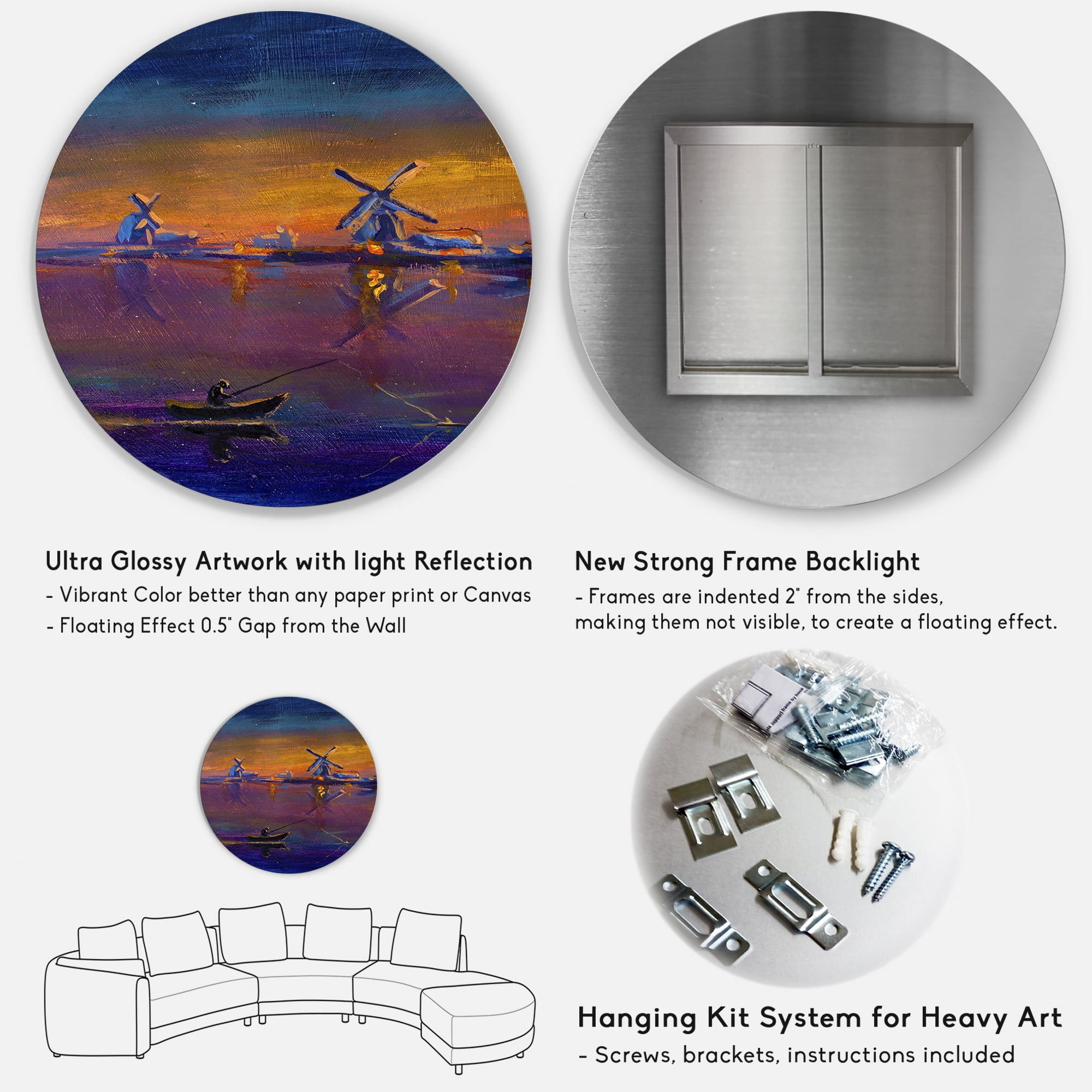 Designart 'Evening Fishing Near The Traditional Windmill' Nautical & Coastal Circle Metal Wall Art 29x29 - Disc of 29