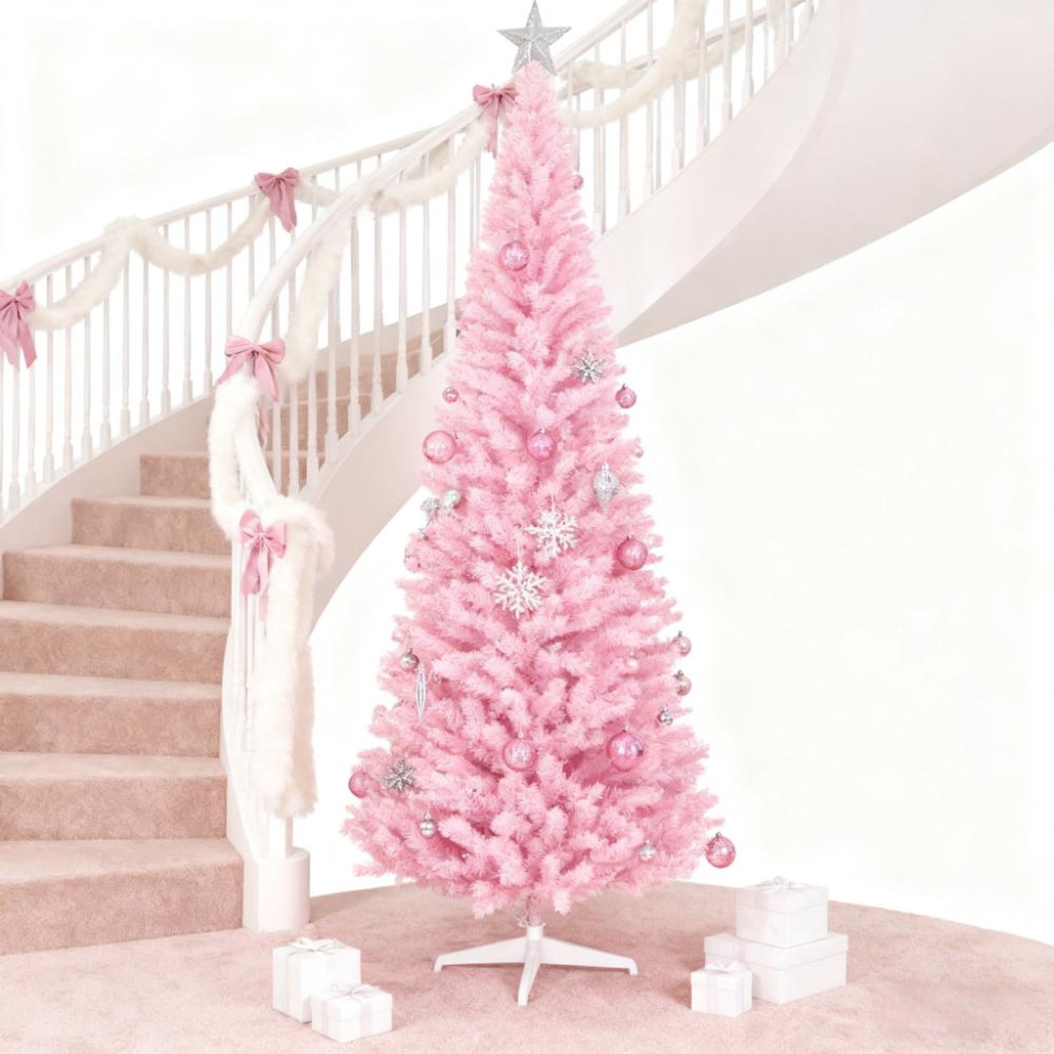 Pink Artificial Pencil Christmas Tree 7ft with 499 Branch Tips and Plastic Stand