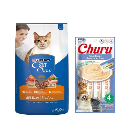 Cat Chow Delimiix Defense Plus 15 kg + Churu Atún Sobre con 4 Tubos de 14 g