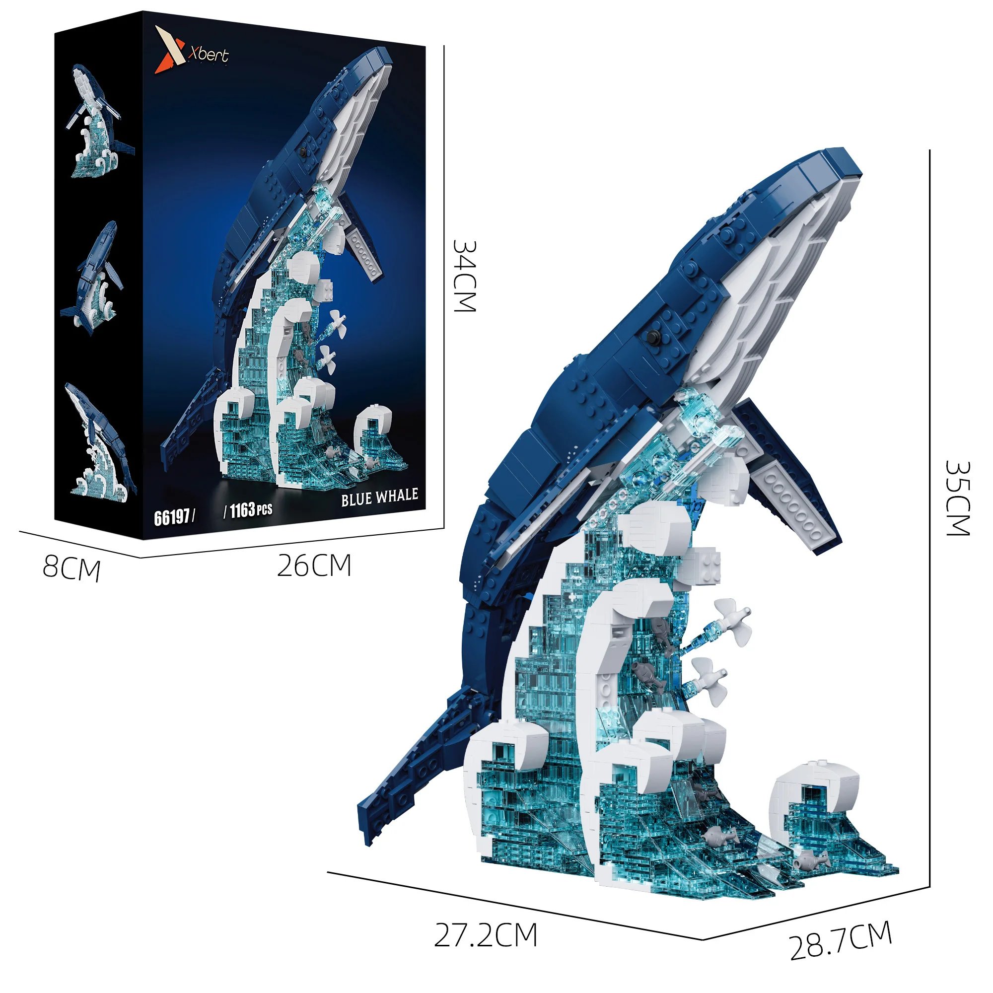 1163PCS Blue Whale Ocean Scene Building Blocks Articulated Wave Base Whale Animal Model Desktop Ornament Educational DIY Toy