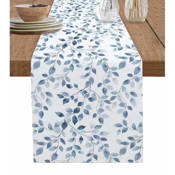 ERUNPONLY Blue Eucalyptus Leaves Table Runner - 108 Inch Long Watercolor Summer Botanical Vintage Cotton Linen Blended Dress Scarves Farmhouse Table Runner for Kitchen Dining, Coffee Table, 13"x108"