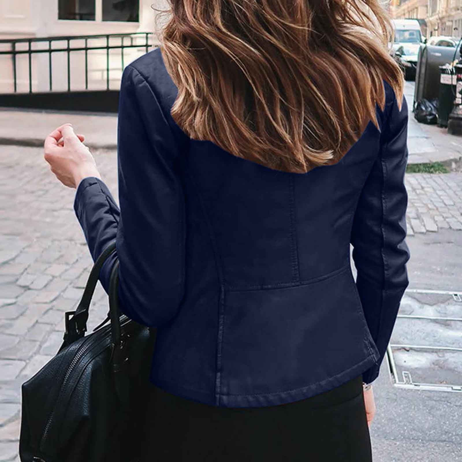 Hfyihgf Women's Fashion Faux Leather Jackets Lightweight Solid Color Zip Up Slim Short PU Biker Coat（Navy,XXL)