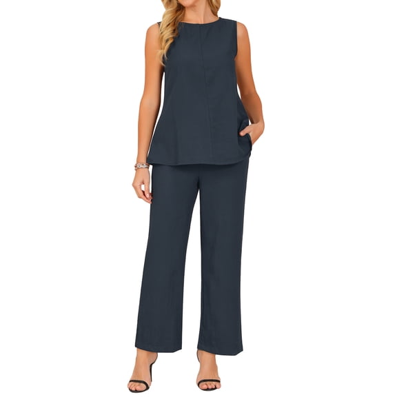 DARING DIVA Women's 2 Piece Outfits Sleeveless Tank Top Wide Leg Pants Set S Dark Blue