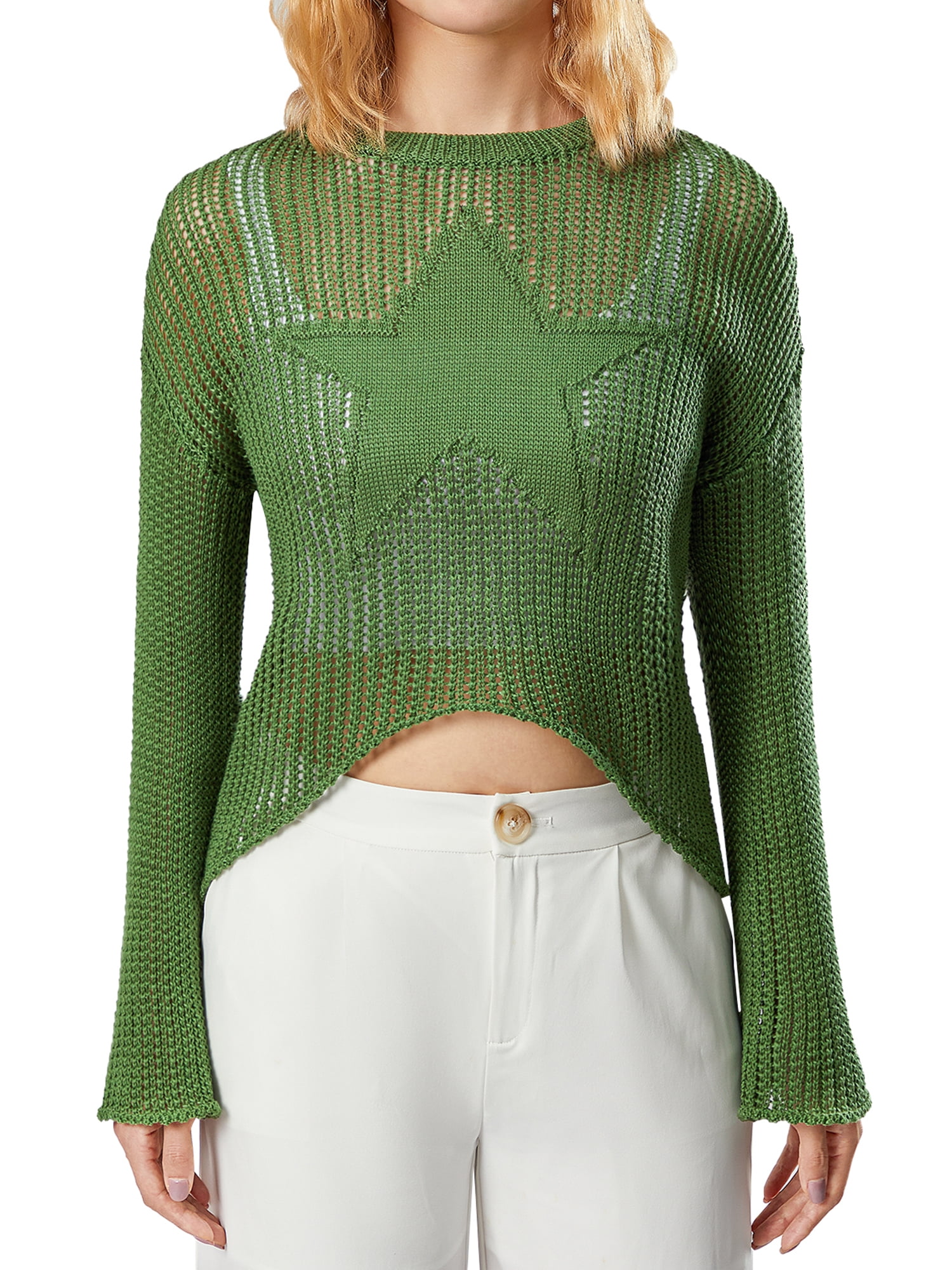 CIYCuIT Women Crochet Knit Top Loose Pullover Star Print Sweater Long