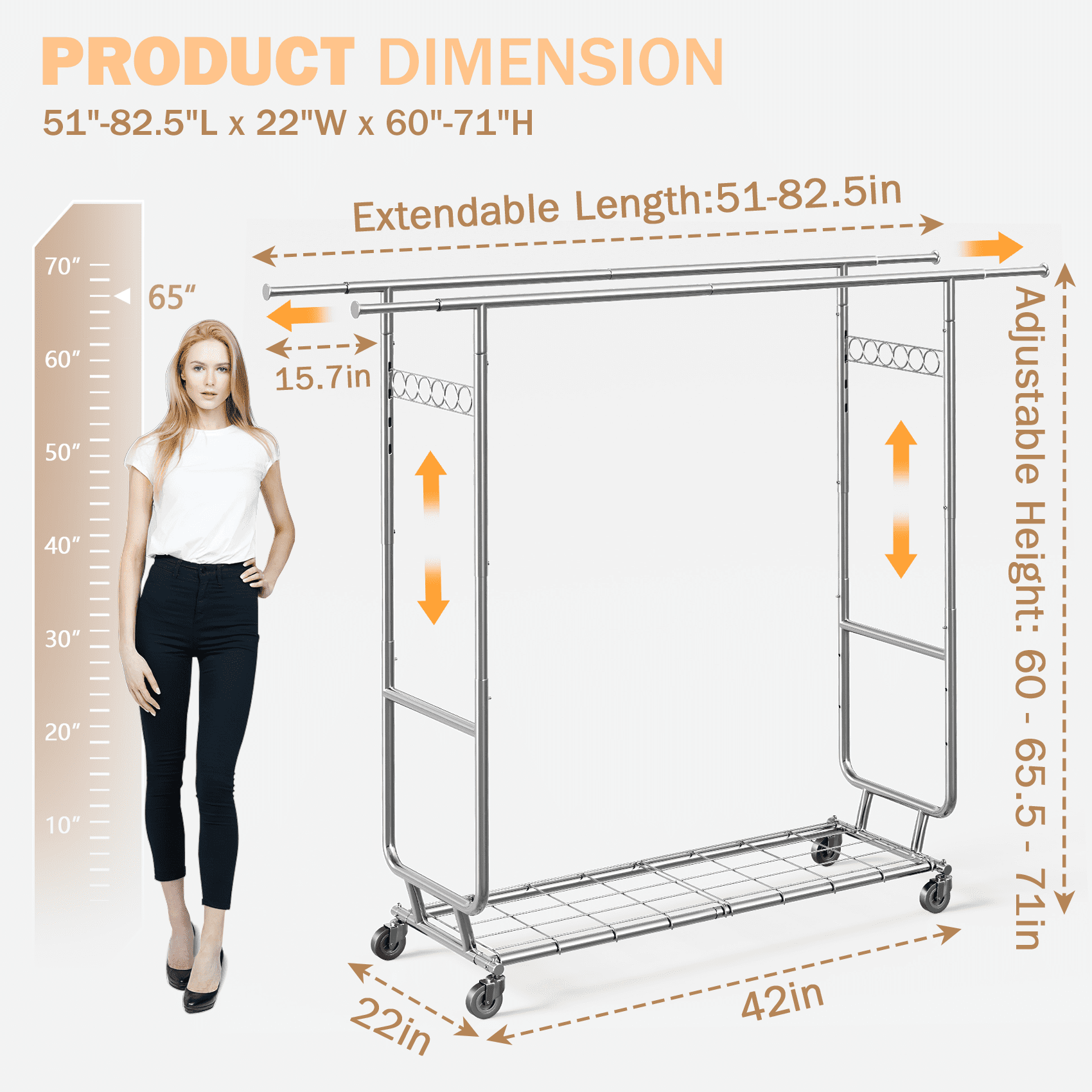 Mr IRONSTONE 600 lbs Commercial Grade Heavy Duty Garment Rack with Shelves Collapsible Clothing Racks on Wheels Rolling Clothes Rack for Hanging Clothes Portable Adjustable, Chrome Finish