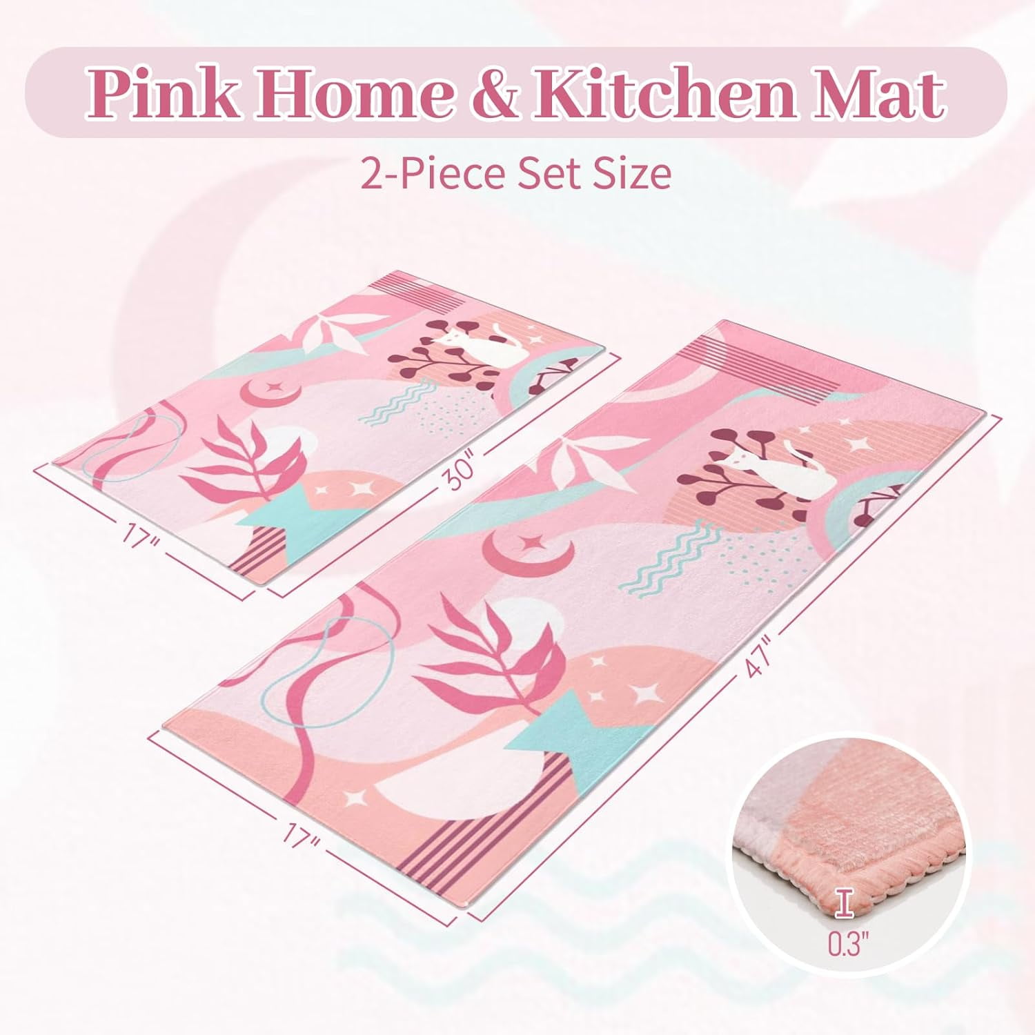 Boho Pink Kitchen Mats for Floor Set of 2, Cat Abstract Floor Mat Carpet Runner Area Rug Washable, Pink Home Kitchen Decor and Accessories Stuff, 17x30 and 17x47 Inch