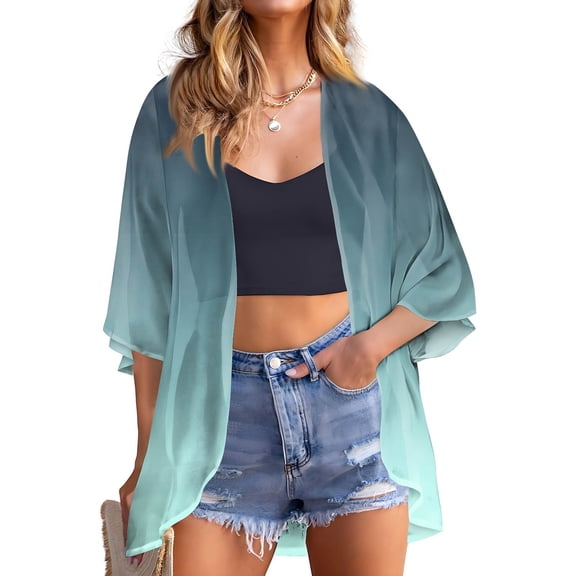 bbyeadc Pink Shrugs for Women 3/4 Sleeve Light Weight Chiffon Cardigan Women Lightweight Open Front Shrug Cardigan Gradient Dressy Casual Soft Thin Cardigans, Light Blue S