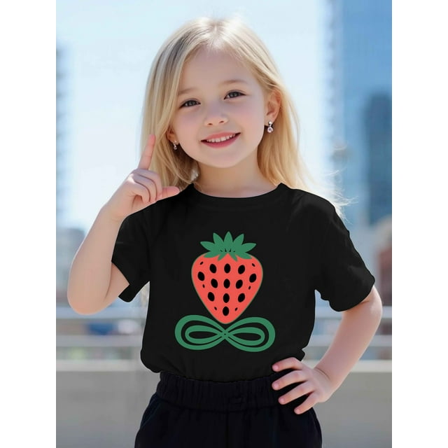 Linda camiseta de manga corta para niñas con lazo verde y estampado de fresas, perfecta para ropa informal de verano con cuello redondo.