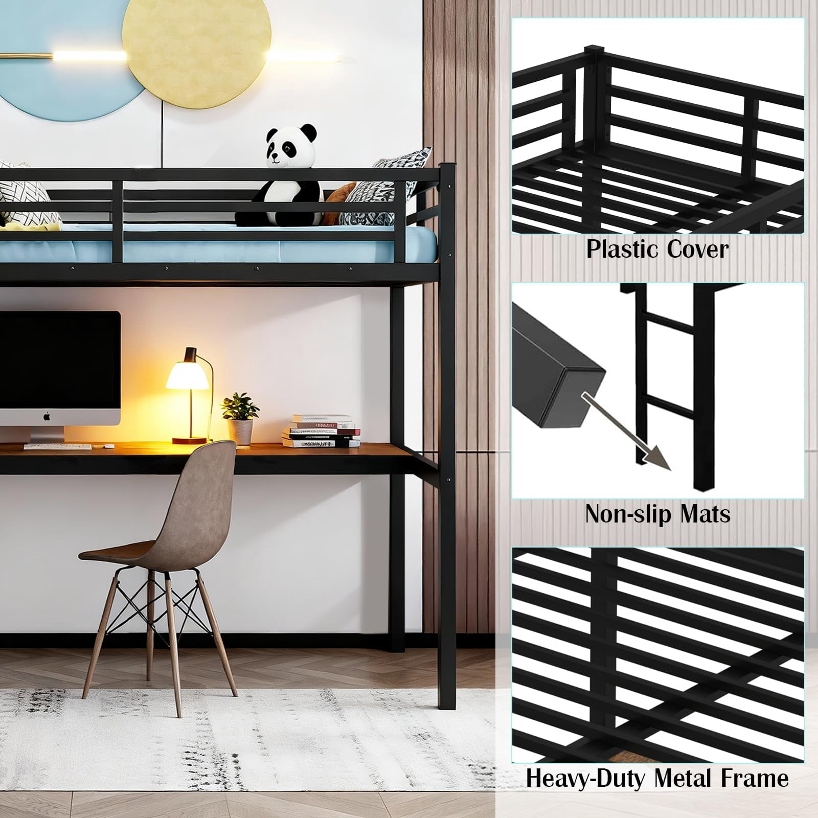 Miniyam Twin XL Metal Loft Bed Frame with Desk & Charge Station, Black