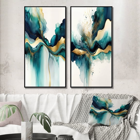 Designart "Teal and Gold Abstract Expressionism I" Abstract Liquid Ink Framed Wall Art Set Of 2 - Turquoise Abstract Gallery Wall Frame Set For Home Decor