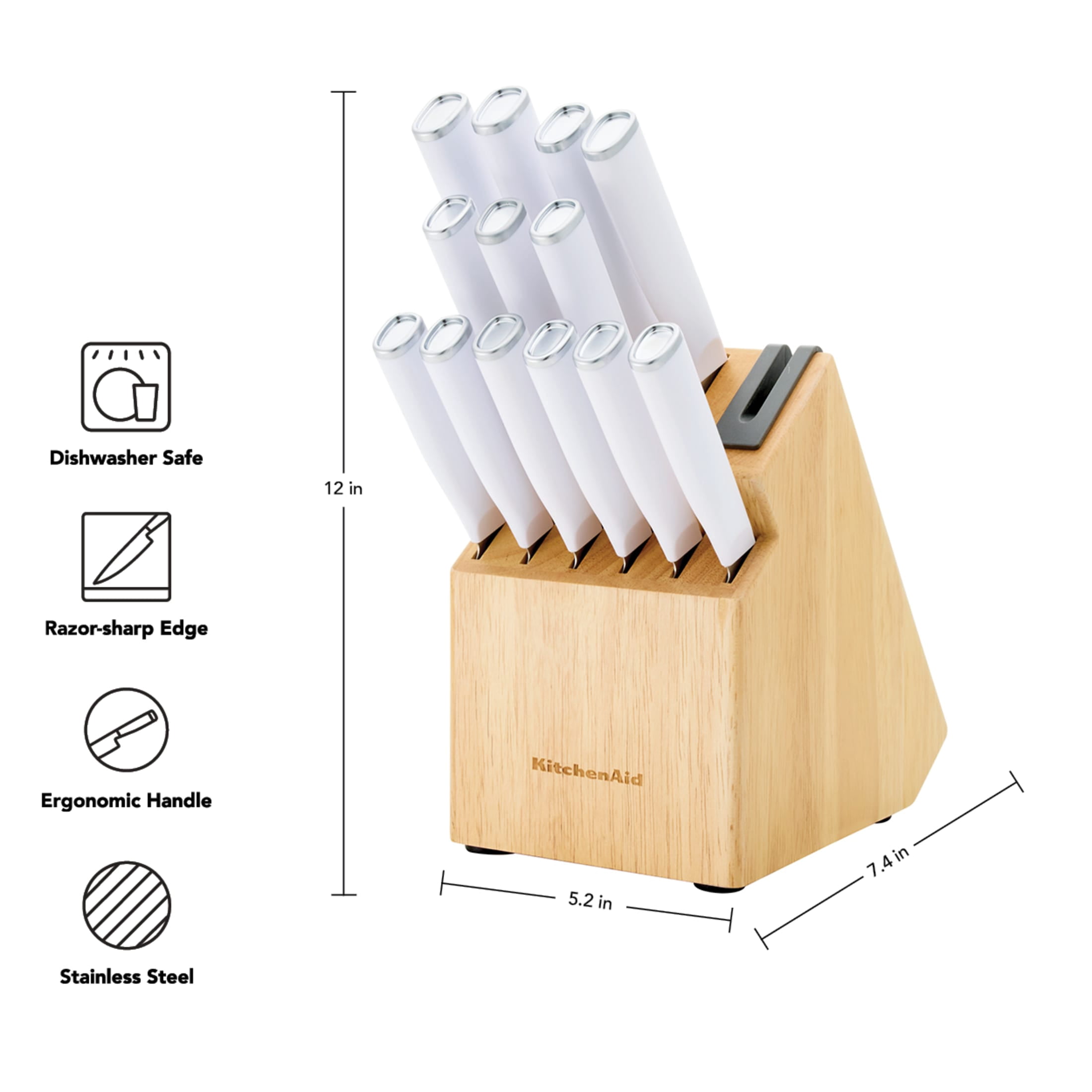 KitchenAid 14 Piece Knife Block Set with Built in Sharpener, White