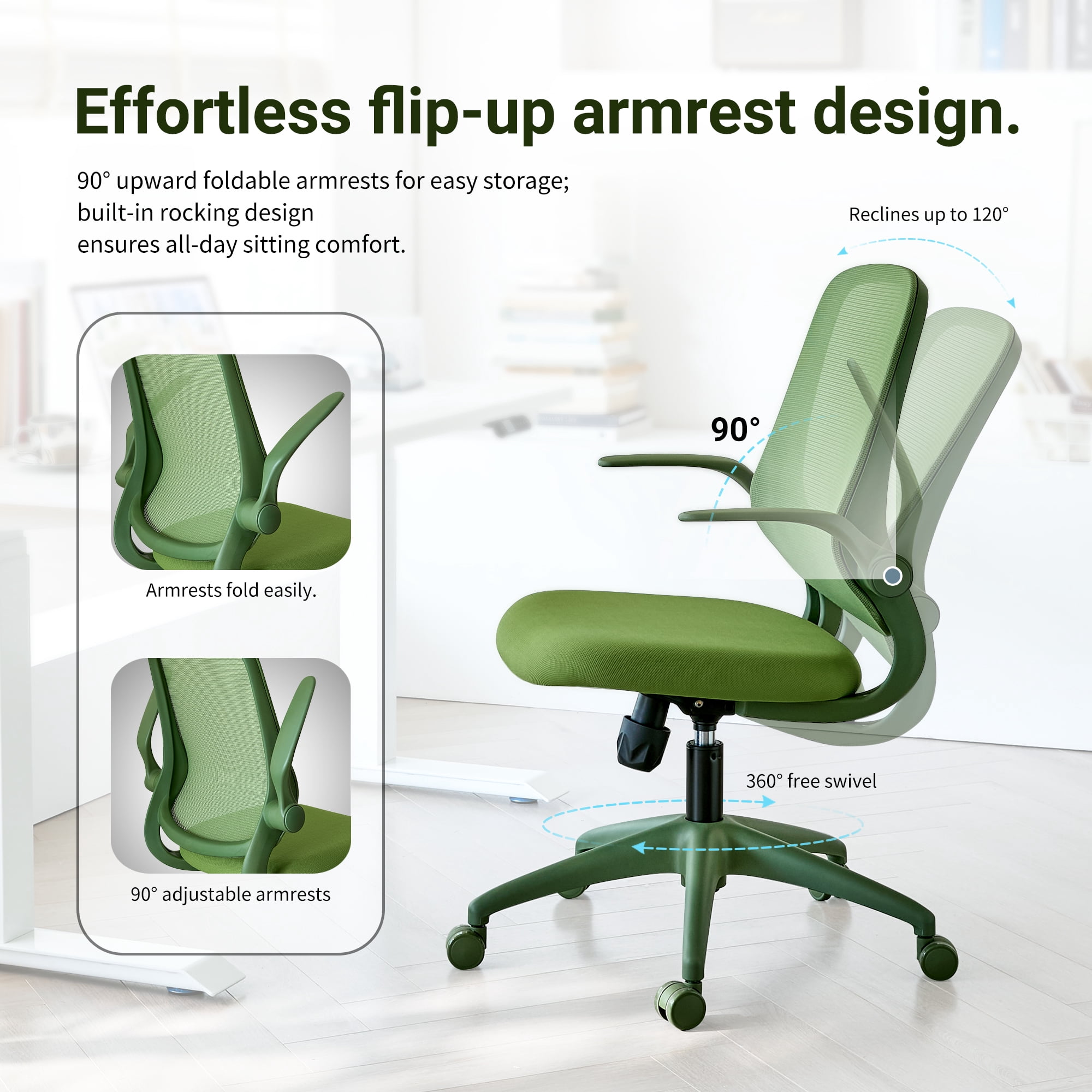 HOQBN Ergonomic Office Chair with Flip-Up Armrests, Breathable Mesh Back, Integrated Molded Foam Seat, 350lb Capacity,Green