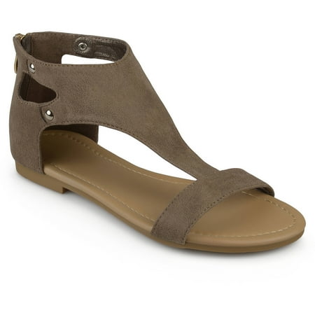 Leather Woven Sandals - Womens Metal Detail Flat Faux Leather Sandals