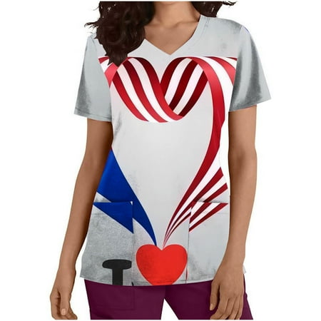 

Yyeselk 4th of July Nurse Uniforms for Women Short Sleeves USA Flag Tie Dye Workwear V-Neck Tops Casual Blouses Scrub Shirt with Pockets White XXL