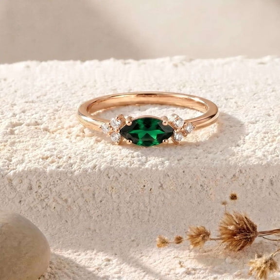 vylahjewellery Green Moissanite Engagement Promise Ring for Women 14K Vermeil Yellow Gold with Round Diamond Side Stone Anniversary Wedding Jewelry Gift