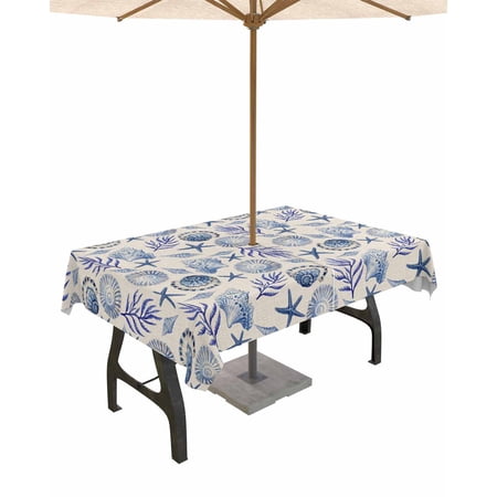 Fsddascl Retro Ocean Starfish Outdoor Tablecloth - 54x80 Inch Rectangle Dining Table Cover Retro Summer Coastal Coral Shells Waterproof Outdoor Table Cloth with Umbrella Hole & Zipper for Patio