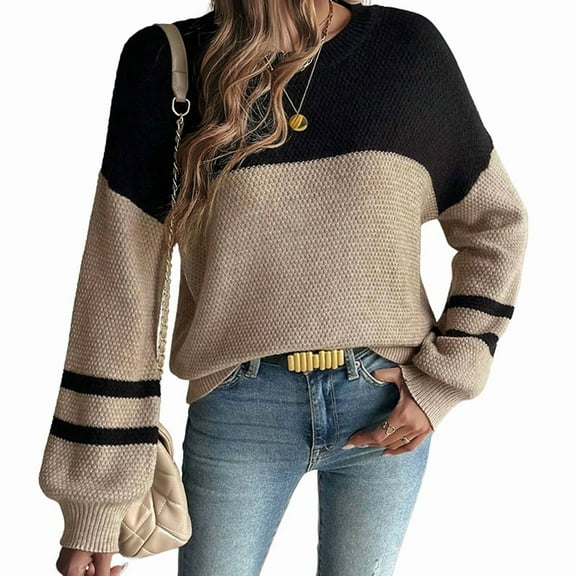 Women'S 2025 Autumn Fashion Long Sleeve Color Block Oversized Sweater Casual Round Neck Knit Top Pullover Black L