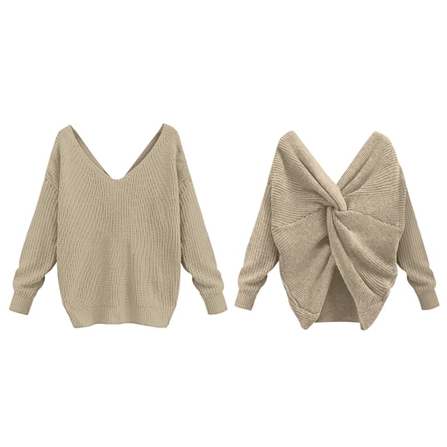 Women's Two Piece V Neck Knotted Over Open Back Knit Sweater Topdacron