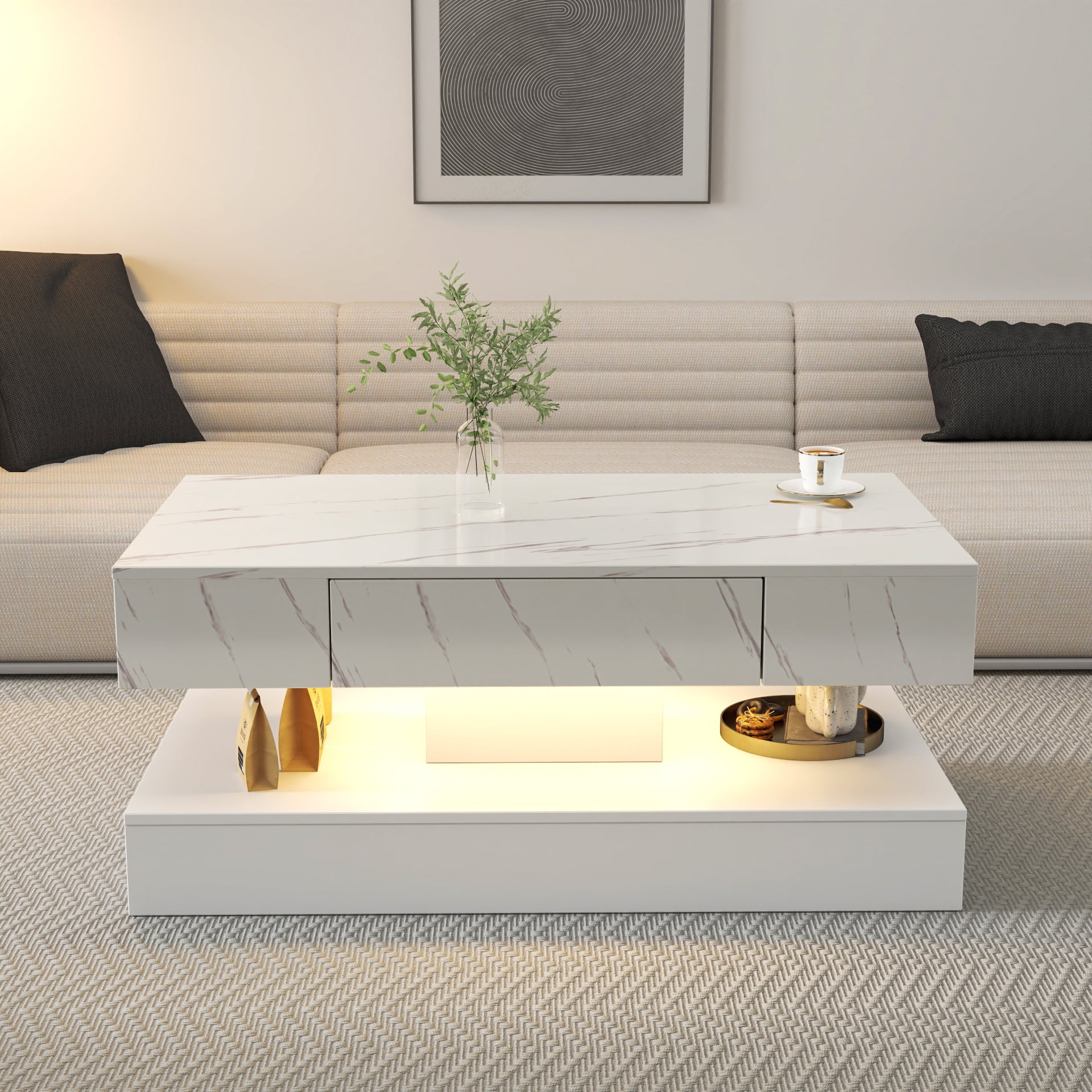 Modern LED Coffee Table with Storage Drawer for Living Room, White