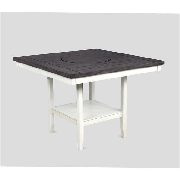 JERFIT 47.8" Round Counter Height Dining Table with Lazy Susan, Storage Shelf, Farmhouse Chic in Off White & Gray Wood