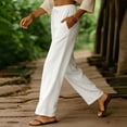 thumbnail image 3 of Summer Pants for Women Casual Straight Wide Leg Drawstring High Waisted Loose Comfy Lounge Trousers with Pockets (L, White), 3 of 4