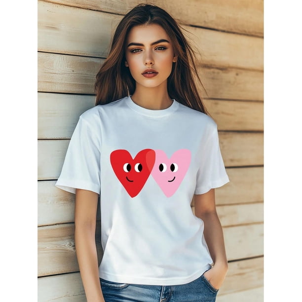 Women's Valentine's Day Love Letter Heart Flowers Print T-Shirt Fashion Short Sleeve Round-Neck Slm Fit Tops Summer Casual Streetwear