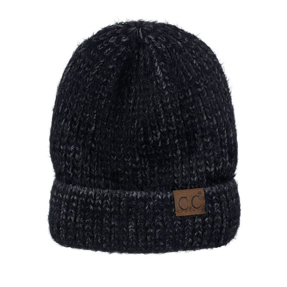 C.C Unisex Warm Soft Fuzzy Stretchy Two Tone Knit Cuff Beanie Skull Cap, Black