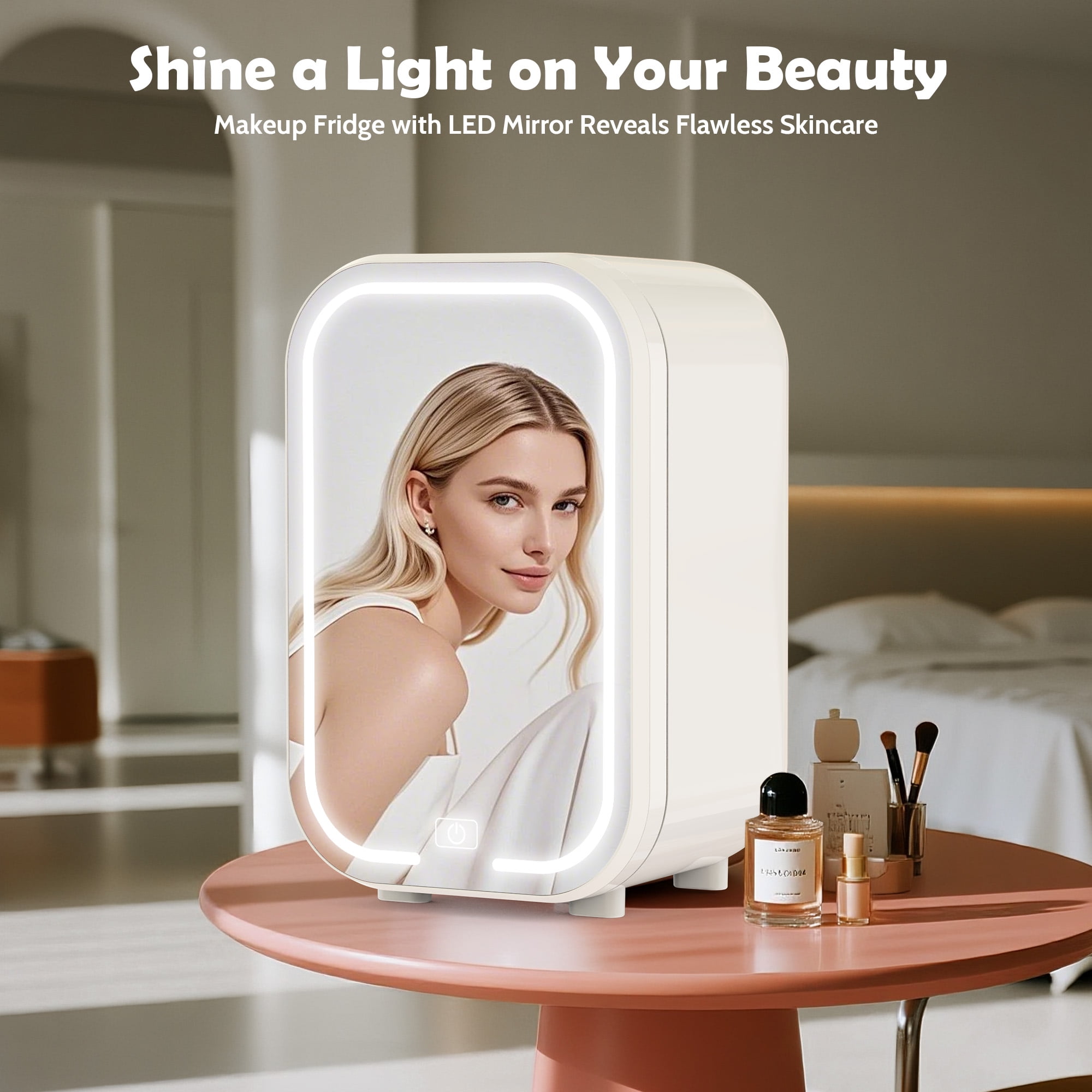 Advwin 22L Mini Skincare Fridge with Mirror, Personal Beauty Makeup Cosmetics Small Refrigerator for Bedroom, Dorm, White