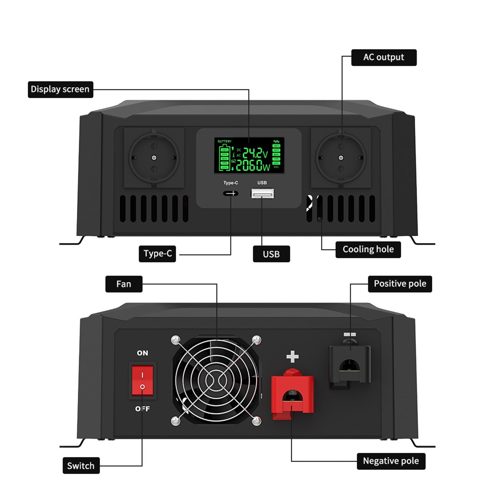 Pure Sine Wave Inverter Two Voltages Support Inverter Peak Power 4000W