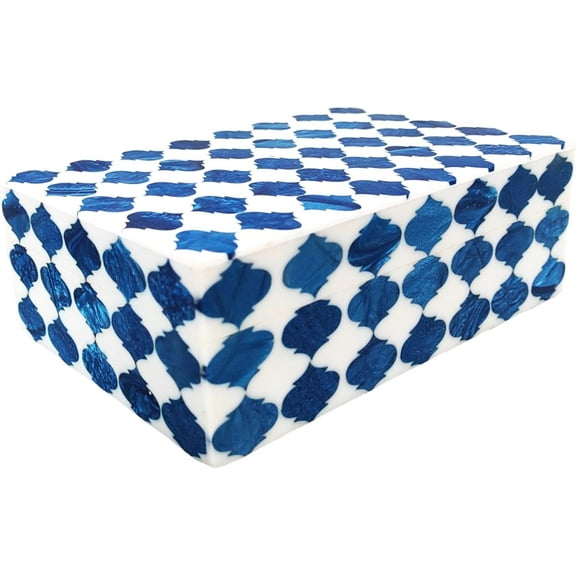 VintiquE Handmade Natural Honeycomb Pattern Blue & White Rectangular Shape Decorative Keepsake Storage Box Wooden Box 7 X 3 X 5 inches