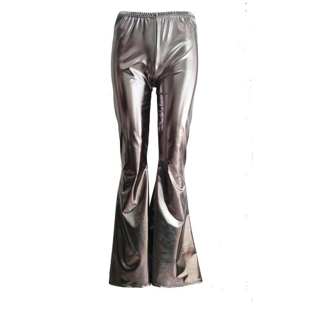 Pantalones acampanados con cintura elástica y moda de cuero brillante para mujer de escenario sexy de Europa y Estados Unidos, pantalones de pierna ancha para discoteca