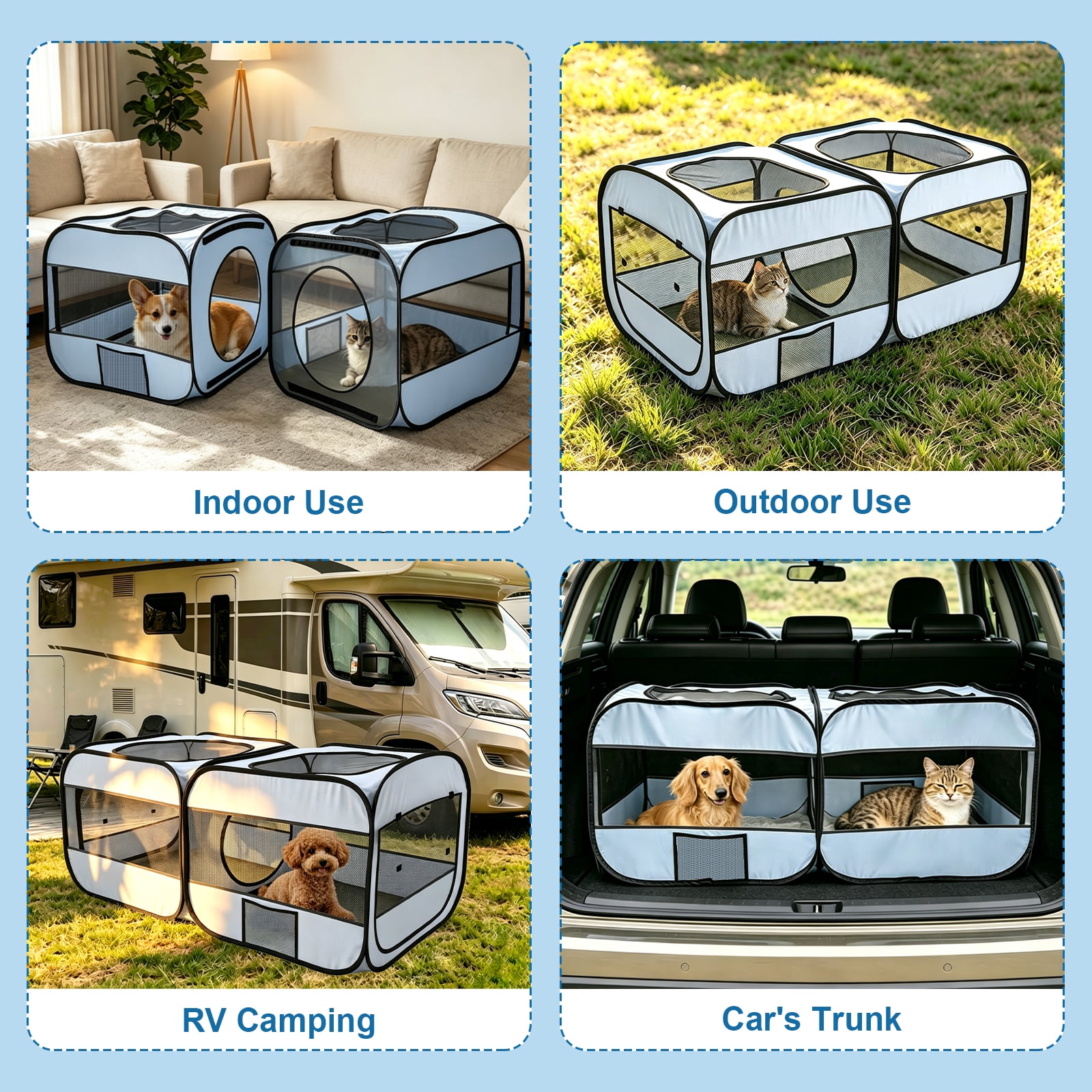 2-in-1 Pop Up Pet Playpen - Detachable 2 Separate Pens with Additional Doors, Assembly-Free Portable Foldable Kennel, Indoor Outdoor Enclosure Cage Tent for Cats Dogs Kittens Puppies Small Animals