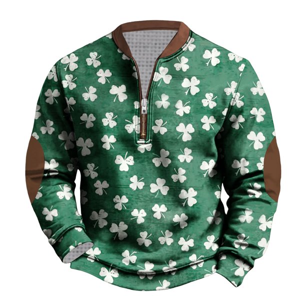 Penkiiy Día de San Patricio Shamrock Patch Chest Print 1/4 Zip Sweatshirt L Multicolor