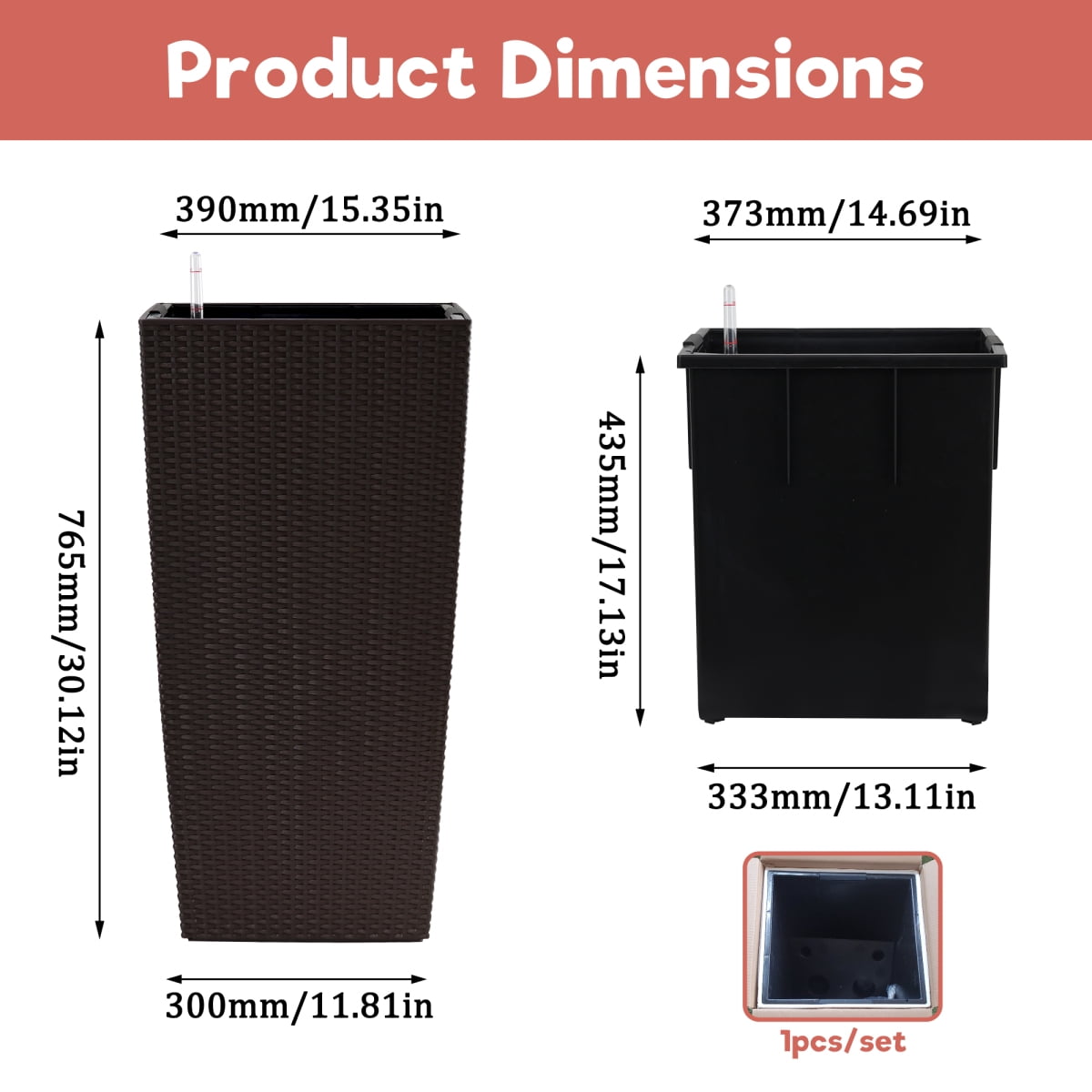 Set of 2 30 Inch Tall Large Flower Pots Self Watering Planters with Drain Holes Water Level Monitor Inner Bucket Brown
