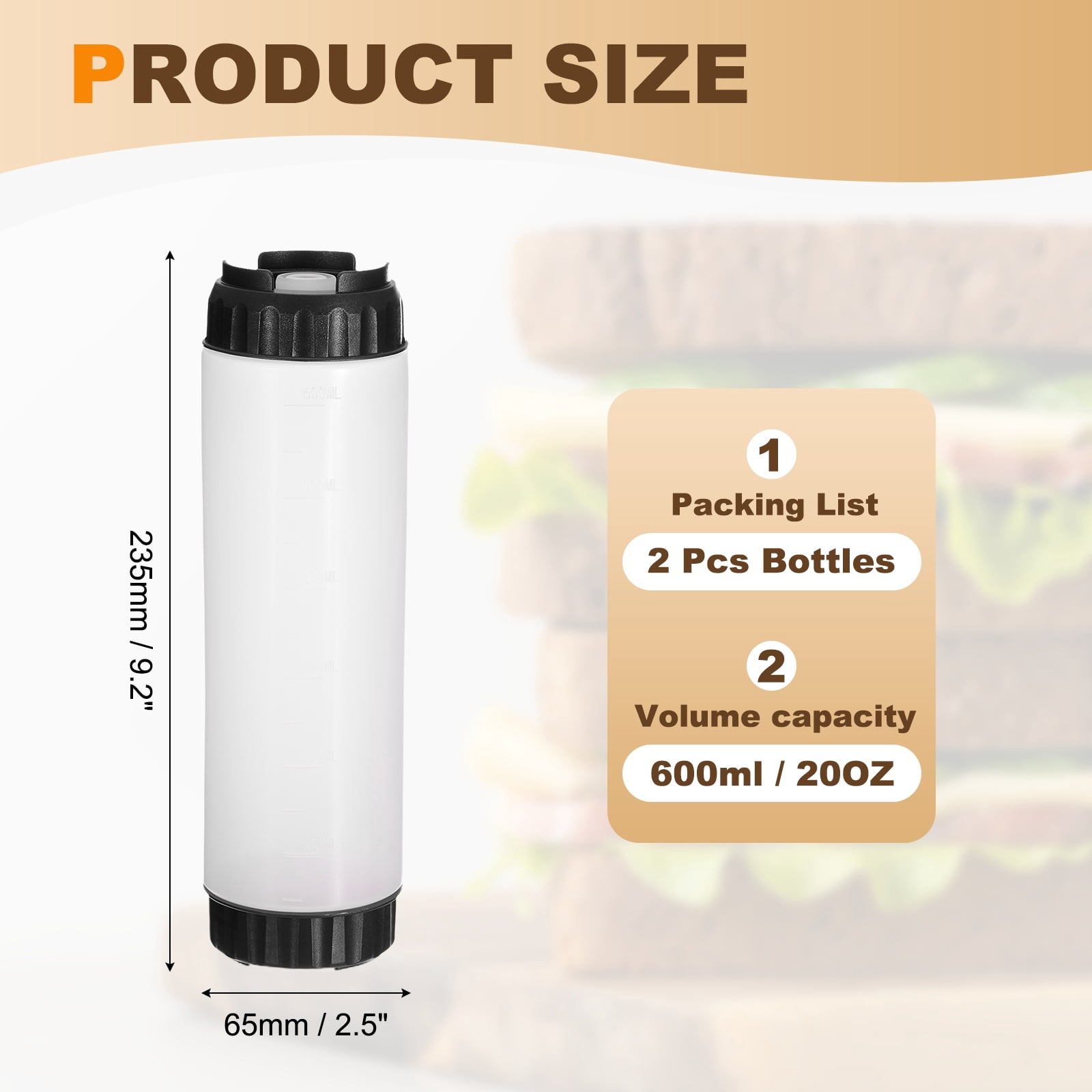 Uxcell Condiment Squeeze Bottles, 2pcs 24 oz Refillable Plastic Squirt Bottle Dispensers Leak Proof for BBQ Cooking Oil Barbecue Seasoning Honey Syrup, Black