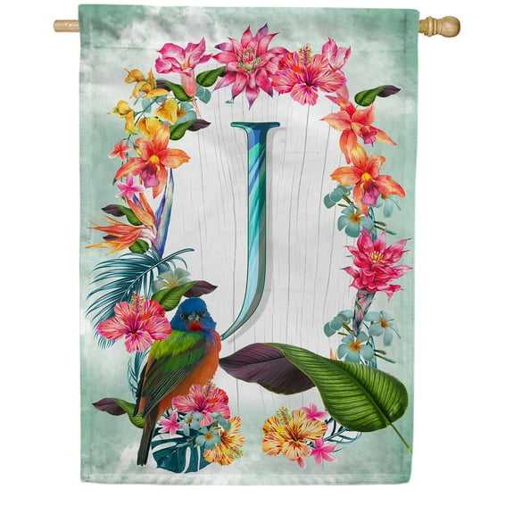 America Forever Summer Floral Wreath Monogram House Flag Letter J 28 x 40 inches Parrot Macaw Hibiscus Palm Leaves Double Sided Vertical Outdoor Yard Lawn Decorative Tropical House Flag