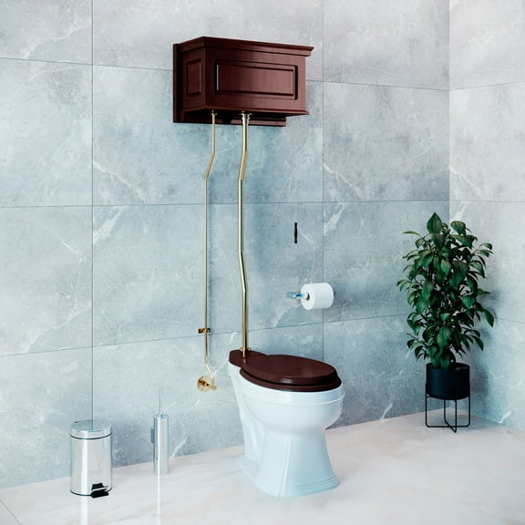 Renovators Supply High Tank Pull Chain Toilet with Dark Oak Wooden Raised Tank, Brass Z Pipe and Elongated Toilet Bowl