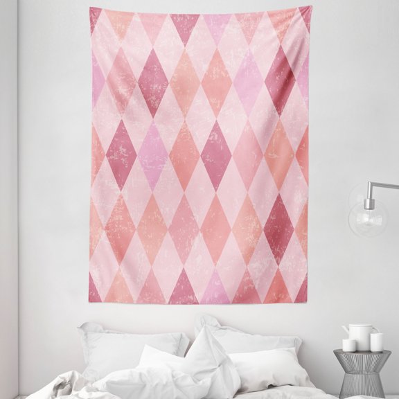 Pink Tapestry, Shades of Pink for Vintage Weathered Background with Harlequin Pattern Diamond Shape, Wall Hanging for Bedroom Living Room Dorm Decor, 60W X 80L Inches, Multicolor, by Ambesonne