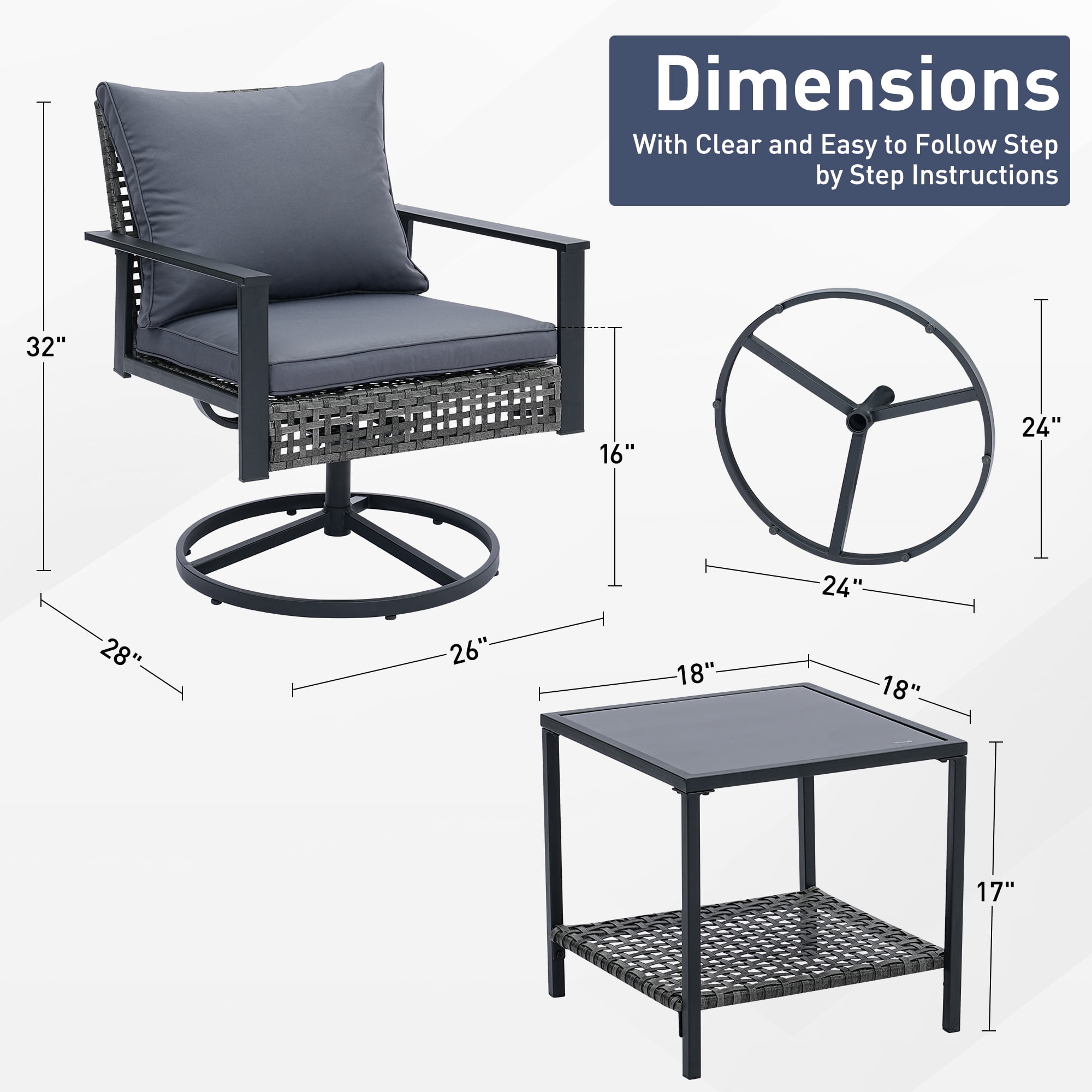 Ainfox Premium Patio Swivel Bistro Set,3-Piece Ourdoor Furniture Set,Wicker Rattan Coversation Rocking Chairs w/Glass Top Table & Cushions,Grey