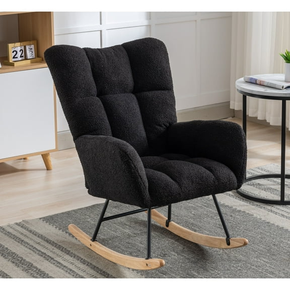 Rocking Chair Nursery,Teddy Upholstered Glider Rocker with High Backrest,Modern Rocking Accent Chairs Glider Recliner for Living Room, Nursery, Bedroom,Black