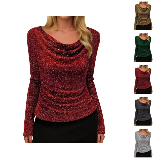 Womens Sparkle Top 2026 Spring Trendy Long Sleeve Cowl Neck Stretch T Shirts Going out Tops Rave Outfits