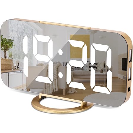 Digital Clock Large Display, LED Electric Alarm Clocks Mirror Surface for Makeup with Diming Mode, 3 Levels Brightness, Dual USB Ports Modern Decoration for Home Bedroom Decor-Gold