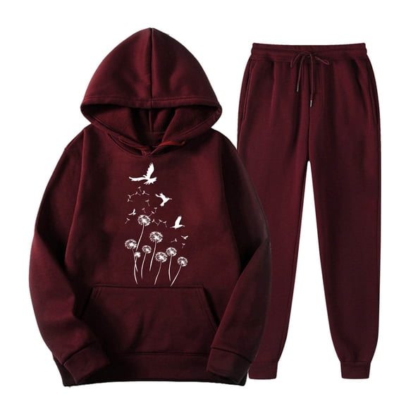 JURANMO Sweatsuits for Women Set, 2 Piece Outfits Cute Printed Hoodie Casual Lightweight Elastic Waist Sweatpants Long Sleeve Sweatshirt Matching Joggers Tracksuit Sets Wine L