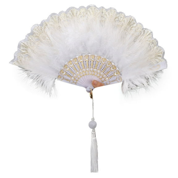Vintage Feather Folding Hand Fan – Elegant Flower Painting Fan with Tassels for Dance, Costume, Party, White