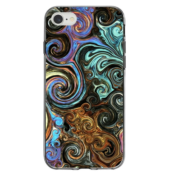 DistinctInk Clear Shockproof Hybrid Case for iPhone 7 8 SE (2020 Model) 4.7" Screen TPU Bumper Acrylic Back Tempered Glass Screen Protector - Gold Brown Black Blue Abstract Swirls - Abstract Swirls